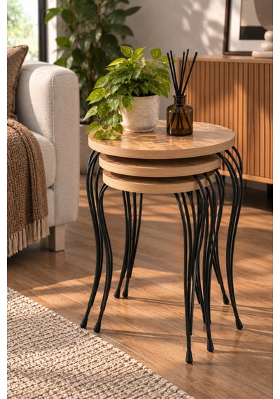 Sulorahome Lükens Metal Ayaklı Çam Desenli 3'lü Zigon Sehpa Takımı Atlantik Çam