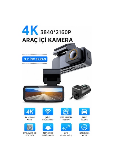 Harvox 4k Pro Araç İçi Kamera Seti 2 Kameralı 4k Ön + 1080p Arka , Wi-fi, Gps Park Modu