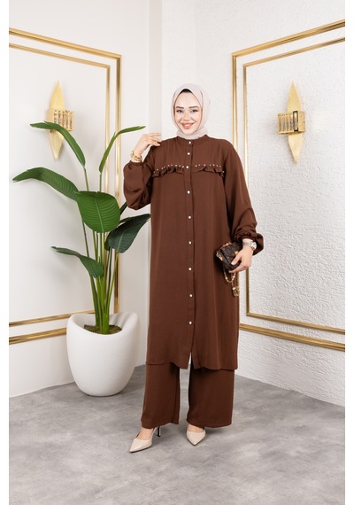 Nevayla Moda Ayrobin Kumaş İnci Detaylı Takım / T105 - Kahverengi Kahverengi