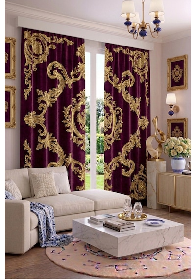 Modern Vintage Desenli Fon Perdesi 140x260 Cm 2 Kanat Dekoratif Dijital Baskılı Premium Salon Oturma Odası Yatak Odası Pencere Perdesi Bordo