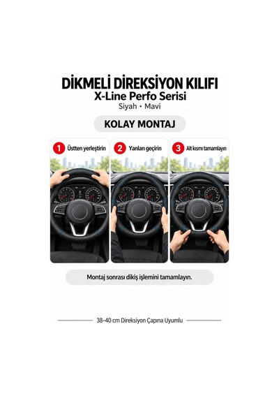 Trobus Seat Ateca 2016-2023 Uyumlu Dikmeli Direksiyon Kılıfı X-line Perfo Siyah Mavi Siyah - Mavi