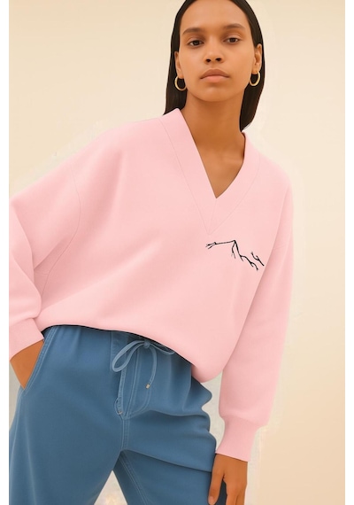 Benroma Dağ Baskılı Ünisex V Yaka Sweatshirt Pembe