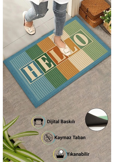 Valerine Life Hello Retro Tipografi Dijital Baskılı İşyeri Ev Ofis Kapı Önü Dış Paspası 45x70cm Kahverengi