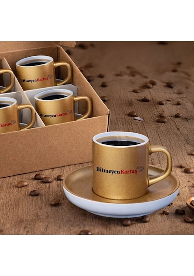 Firmalara Özel Logolu Mat Altın Yaldız Renk Türk Kahvesi Fincanı 6lı Set, Promosyon Fincan, Logolu Kurumsal Hediye Kobitmeyencom36512 Bk Gift Renkli