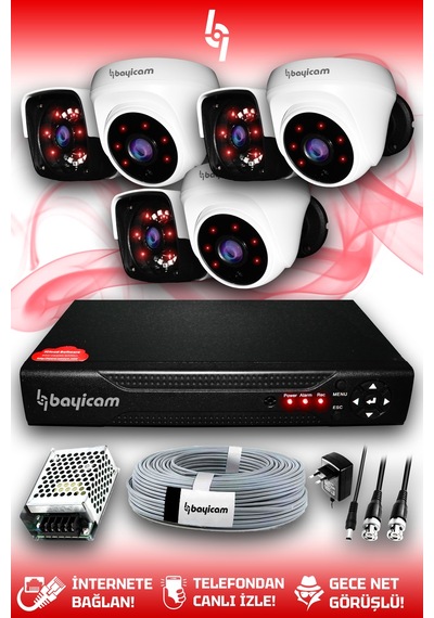 Bayicam 6 Kameralı Panda 3 İç Kamera Set HDD'siz Full HD Gece Görüşlü Güvenlik Kamerası Sistemi