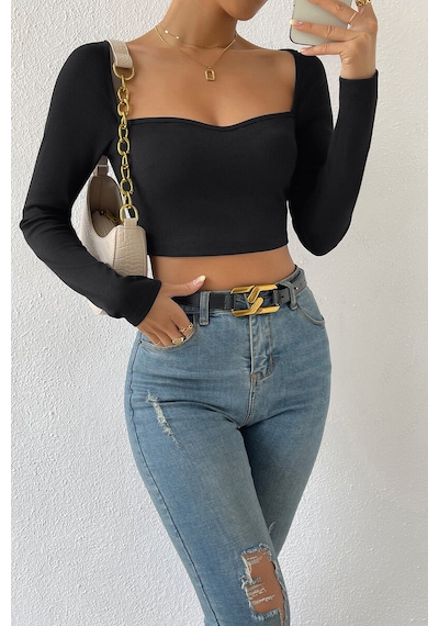 Kadın Siyah Uzun Kol Göğüs Dekolteli Şık Crop Top Bluz