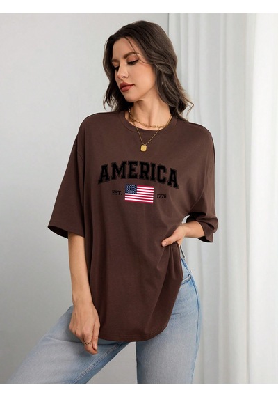 Unisex Amerıca Baskılı Baskılı Tasarım Tshirt Kahverengi