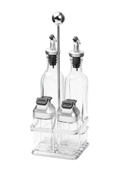 Tantitoni Metal Standlı 4lü Cam Sosluk Seti - Gri Kapaklı 170ml/80ml Şeffaf