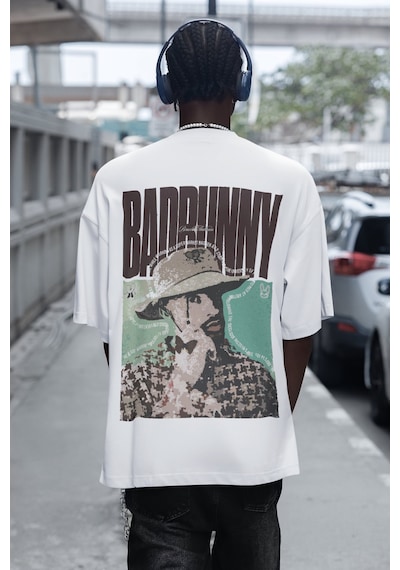 Özel Tasarım Bad Bunny Sırt Baskılı Unisex Oversize Rapper Şarkıc Beyaz
