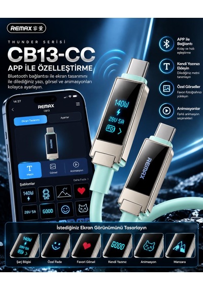 Remax Cb13-cc Thunder Serisi 140w Oled Ekranlı Bluetooth App Kontrollü Type-c Hızlı Şarj Ve Data Kablosu 1.2 Metre Mint Yeşili
