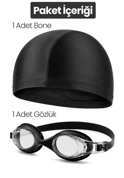 Set Yüzücü Gözlüğü Kumaş Bone Set Yüzme Havuz Deniz Gözlüğü Ve Bone Siyah