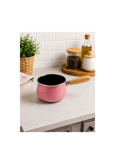 14 Cm Emaye Sütlük Ahşap Saplı Süt Cezvesi Sosluk 1200ml 9 Cm Derinlik Pembe