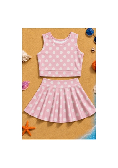 Esila Kids Kız Çocuk Puantiyeli Etekli Mayo Takımı Pudra