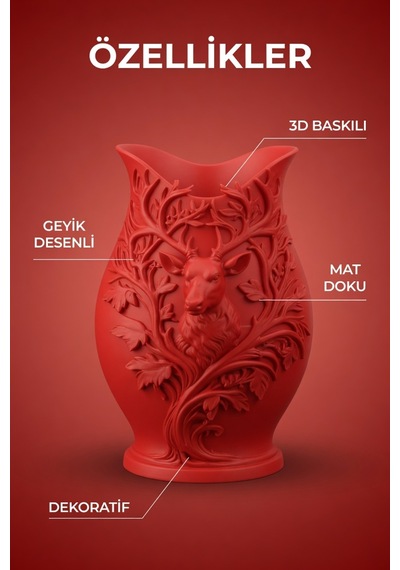 3d Baskılı Geyik Desenli Dekoratif Vazo 15 Cm Kırmızı