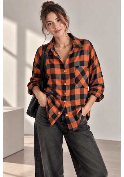 Bb Butik Basic Kadın Ekose Gömlek Oversize Oduncu Gömlek Uzun Kollu Cepli Günlük Tr0935 turuncu
