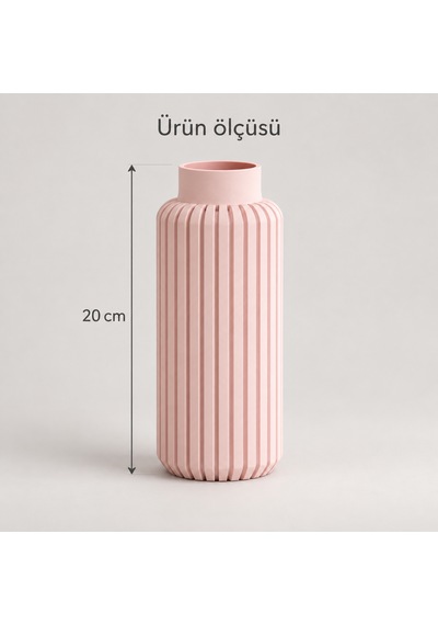 Dikey Çizgili Dekoratif Vazo 20 Cm Modern Silindir Tasarım Pembe