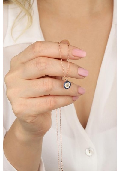 Klasik Taşlı Nazar Boncuğu Gümüş Kolye Rose Gold