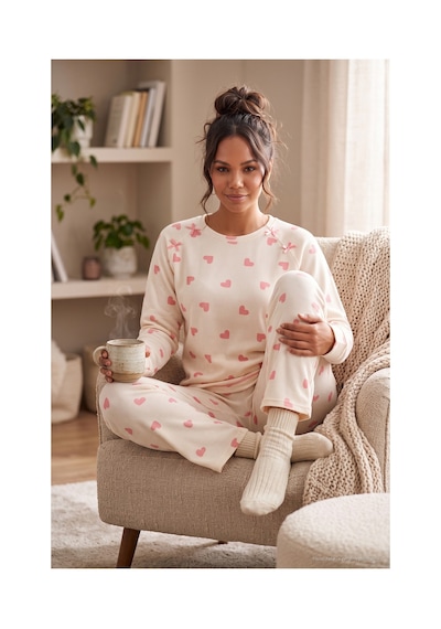 Lela Desenli Yumuşak Dokulu Uzun Kollu Pijama Takımı Kadın Pijama Takımı 6575020 Ekru
