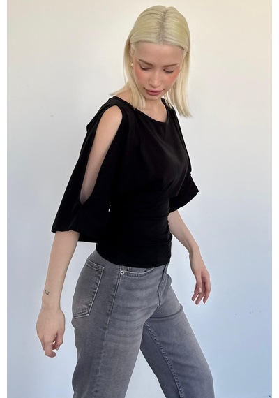 Madmext Siyah Belden Büzgülü Yarasa Kollu Açık Omuz Bluz Mg2672 Siyah