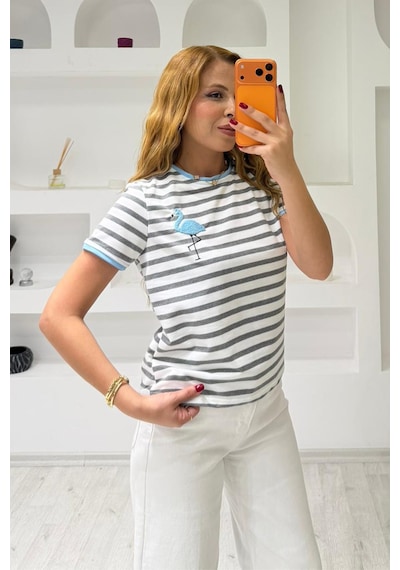 Fiolin Bisiklet Yaka Çizgili T-shirt Mavi