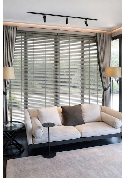 N. Luxury Açık Gri 50mm %100 Gerçek Ahşap Jaluzi Perde Redüktörlü Zincir Mekanizmalı Ofis/ev Tüm Mekanlar Açık Gri