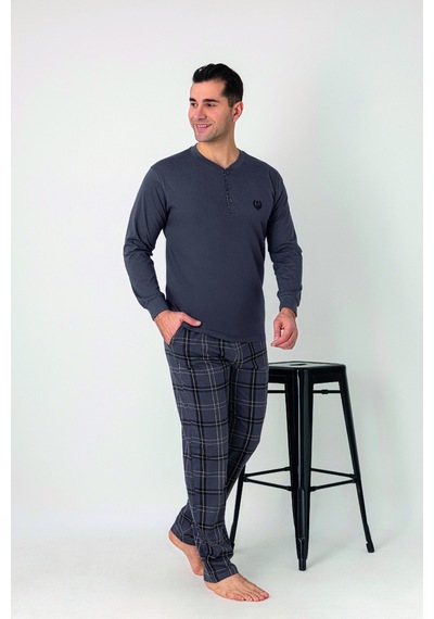 Estiva Erkek Kareli Alt Desenli Füme Uzun Kollu Patlı Penye Pijama Takımı Çok renkli