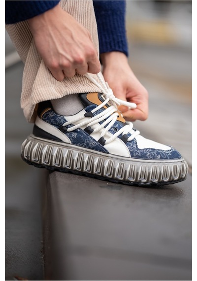 Hammer Jack Desenli Deri Yüksek Taban Erkek Sneaker Mavi