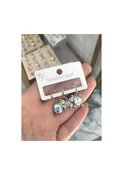 3'lü Kombin Kelebek Detaylı Küpe Gümüş