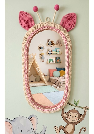 Rattan Bambu El Örmesi Zürafa Model Pembe Boy Aynası