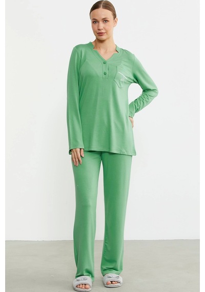 Feminight Sementa 76438 Yarım Düğmeli Cep Detaylı Pijama Takım Yeşil