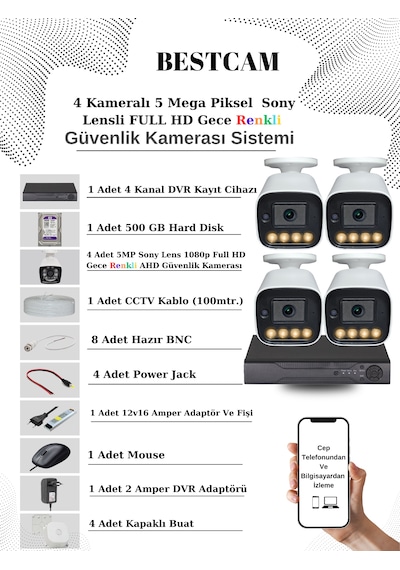 4 Kameralı Set 5 Mp Sony Lensli Full Hd Gece Renkli Set 500gb Hdd