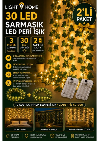 2 Adet Yapay Sarmaşık Led Işık Dekoratif Işıklı Sarmaşık Led Oda Duvar Yatak Odası Parti Yılbaşı Dekoru Her Biri 3 Metre 30 Led Sarı
