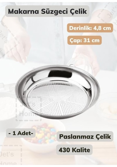 Makarna Süzgeci 31 Cm Paslanmaz Çelik Süzgeç İnce Metalik Gri