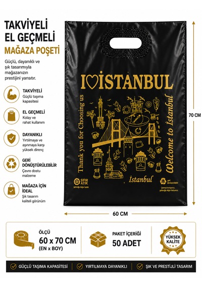 Takviyeli El Geçme İstanbul Tasarımlı Poşet 60x70-mağaza Poşeti-50adet