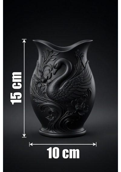 Kuğu Desenli Dekoratif Vazo 15 Cm 3d Baskılı Mat Dokulu Şık Masa Ve Raf Dekoru Siyah