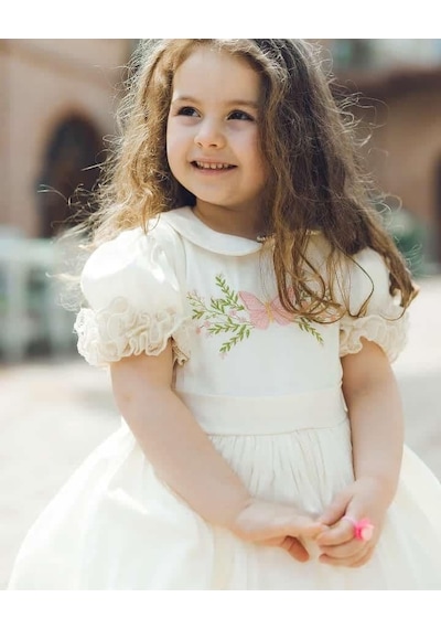 H L Y Karol Tasarım Krem Saten Nakışlı Kız Bebek Elbisesi,özel Dikim Çocuk Elbisesi, Doğum Günü Elbisesi, 0-12 Yaş KREM