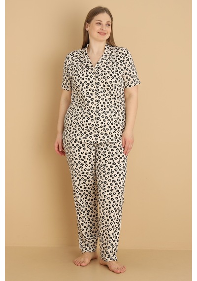 Wordex Mirano 2850 Desenli Milan Kumaş Kısa Kollu Düğmeli Büyük Beden Kadın Pijama Takımı Leopar