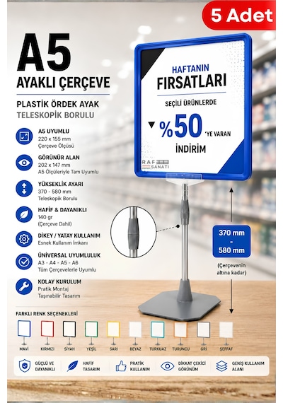 5 Adet - A5 Ayaklı Çerçeve Seti Plastik Ördek Ayak Teleskopik Borulu Fiyat Etiketliği Yönlendirme Levhası Menü Panosu Mavi