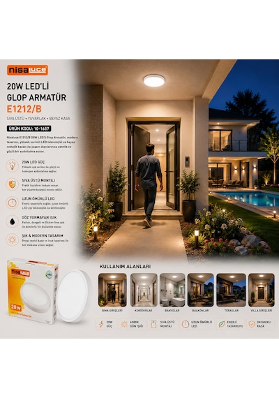 20w Beyaz Metal Kasa Sıva Üstü Yuvarlak Ledli Glop Armatür Ip20 6500k - 1800lm E1212/b 5523 Abanoz