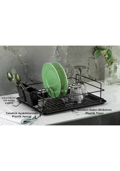 Sas Haus Siyah Tek Katlı Bulaşıklık – Bulaşık Sepeti, Tabaklık ve Kaşıklık, Dayanıklı Metal 45x34x10 cm - (TB-01 E)