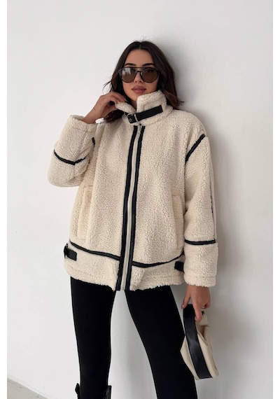 Kadın Siyah Biyeli Peluş Mont Frost Edge Ekru