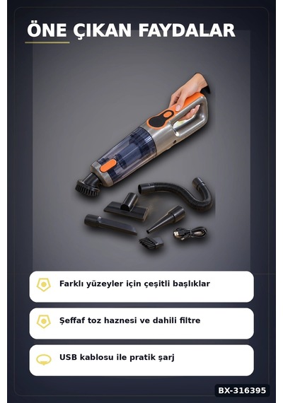Araç İçi El Süpürgesi Şarjlı Usb Kablolu Esnek Hortumlu Temizlik Seti Bx-316395 Diğer