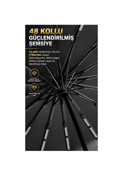 Toptancı Amca Rw 16 Panelli Tam Otomatik Yumuşak Saplı 3 Çelik Tel Ve Fiber Şaftlı Kılıflı Yağmur Şemsiyesi Siyah Şemsiye Görseldeki Gibi