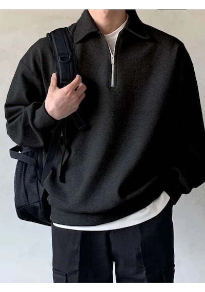 Genius Store Polo Yaka Yarım Fermuar Oversize Erkek Sweatshirt - Siyah