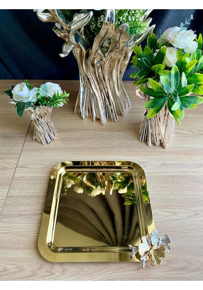 Atabey Home Collection 2 Adet Kahve & Çay & Sunum Tepsisi Gold Tepsi Kelebek Dökümlü