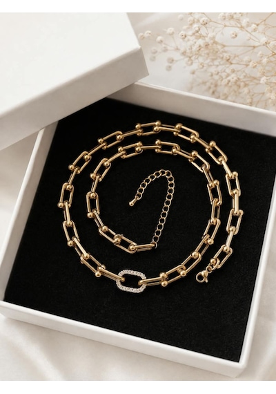 Gold Zincir Tek Halka Zirkon Taşlı Çelik Kolye Altın