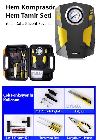 Dybox Pro Basınç Göstergeli Kompresör Oto Araç Lastik Şişirme Pompası Ve Tamir Seti 150 Psi-12v Sarı