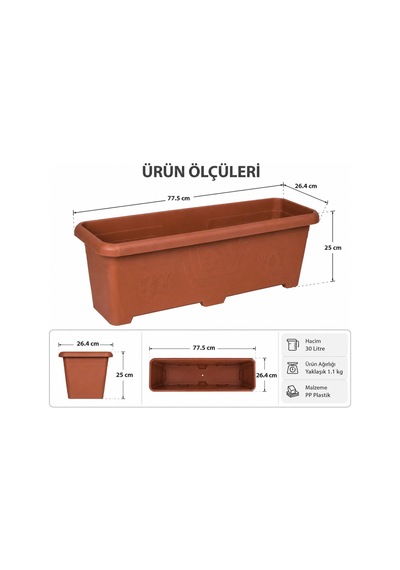 Plastik Uzun Saksı, Kahverengi, Bahçe Ofis Kullanımı İçin 77.5 X