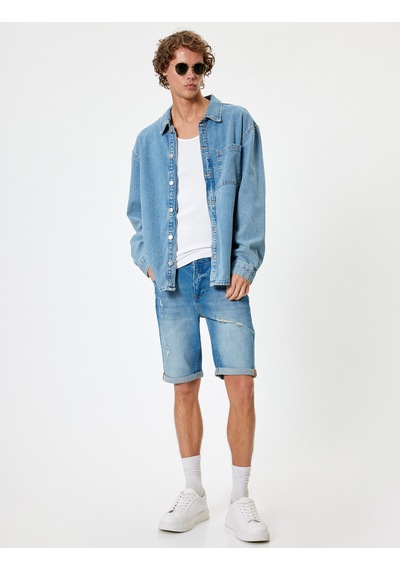 Koton Slim Fit Kot Şort Bermuda Katlama Paçalı Düğme Detaylı Petrol 4sam40027ıd Petrol