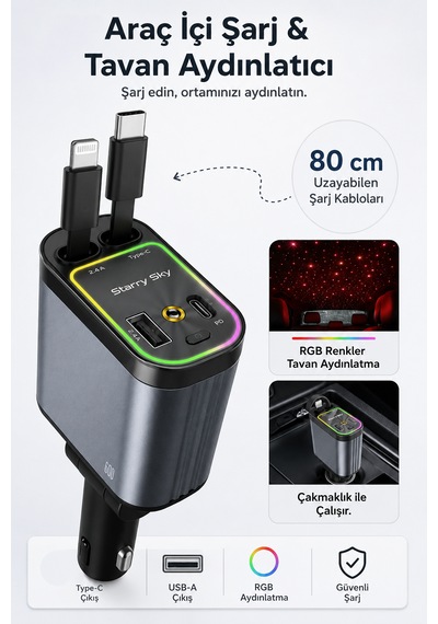 66w Tavan Aydınlatmalı 4'ü 1 Arada Araç Şarj Adaptörü 80 Cm Uzayabilen Kablolu Araç Şarj Cihazı